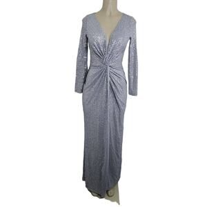 bebe Silver Sequin Front Twist Dress Long Sleeve Maxi Formal Wedding Prom NYE XS